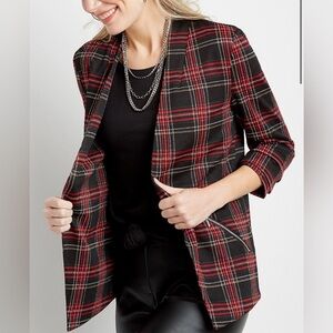 Maurices Red and Black Plaid Open Front Blazer Jacket Size XL Academia Zipper